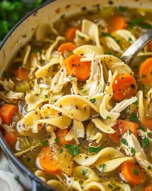 Bowl of homestyle chicken noodle soup with chicken, noodles, and vegetables