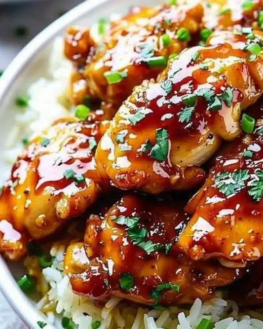 Plate of succulent honey garlic chicken thighs garnished with green onions