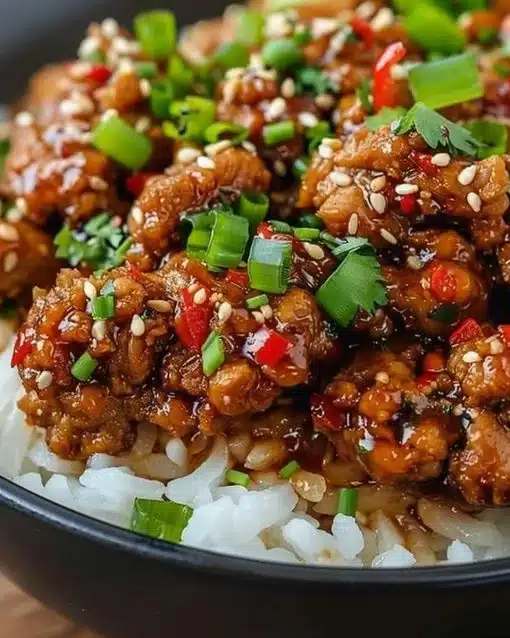 Plate of Honey Garlic Ground Turkey garnished with vegetables