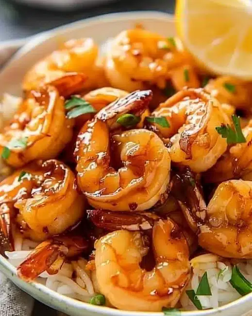 Honey Garlic Shrimp dish garnished with green onions on a white plate