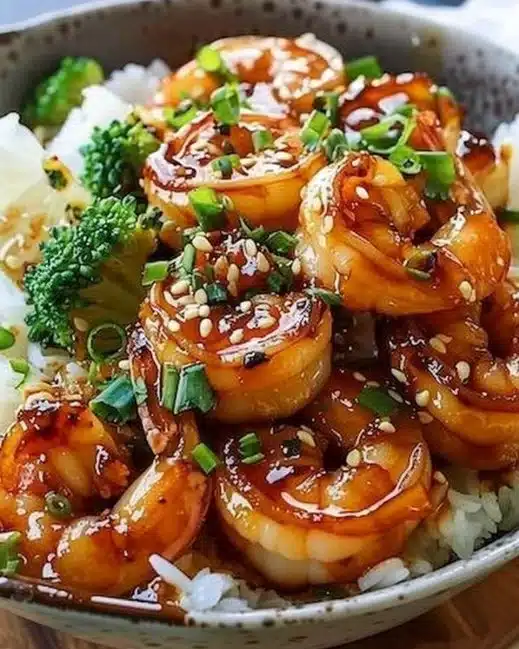 Honey Garlic Shrimp Bowl with rice and vegetables