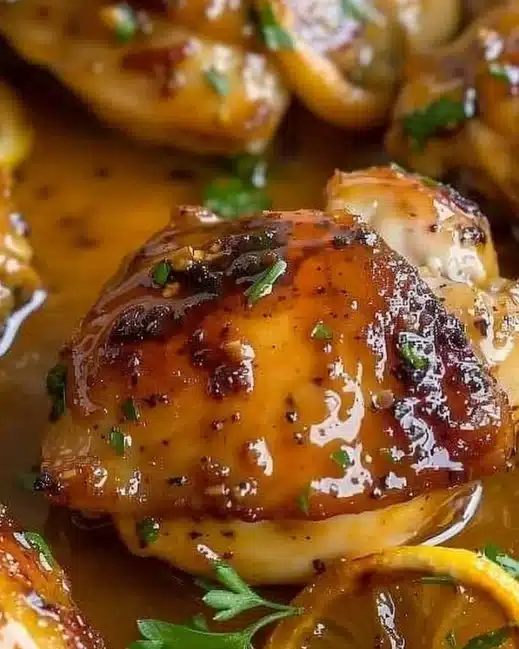 Honey Lemon Pepper Chicken Thighs garnished with herbs on a white plate