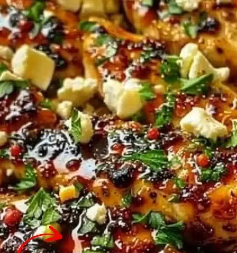 Delicious hot honey infused feta chicken plated with fresh herbs.