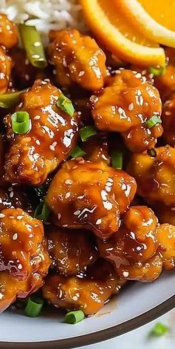 Delicious hot orange chicken served on a plate with garnishes