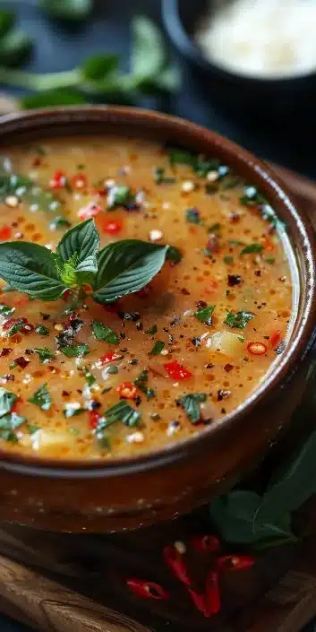 Bowl of Italian Pastina Soup with tiny pasta and herbs garnished