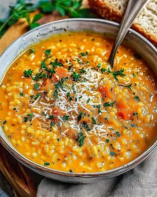 Bowl of Italian Penicillin Soup garnished with fresh herbs and spices