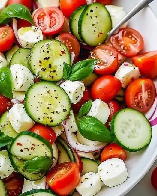 Juicy Cucumber Caprese Salad featuring fresh cucumbers, tomatoes, and mozzarella cheese