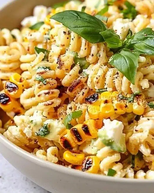 Juicy Street Corn Pasta Salad with fresh vegetables and herbs