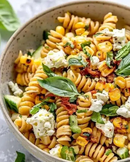 Juicy Street Corn Pasta Salad with vibrant ingredients and fresh herbs.