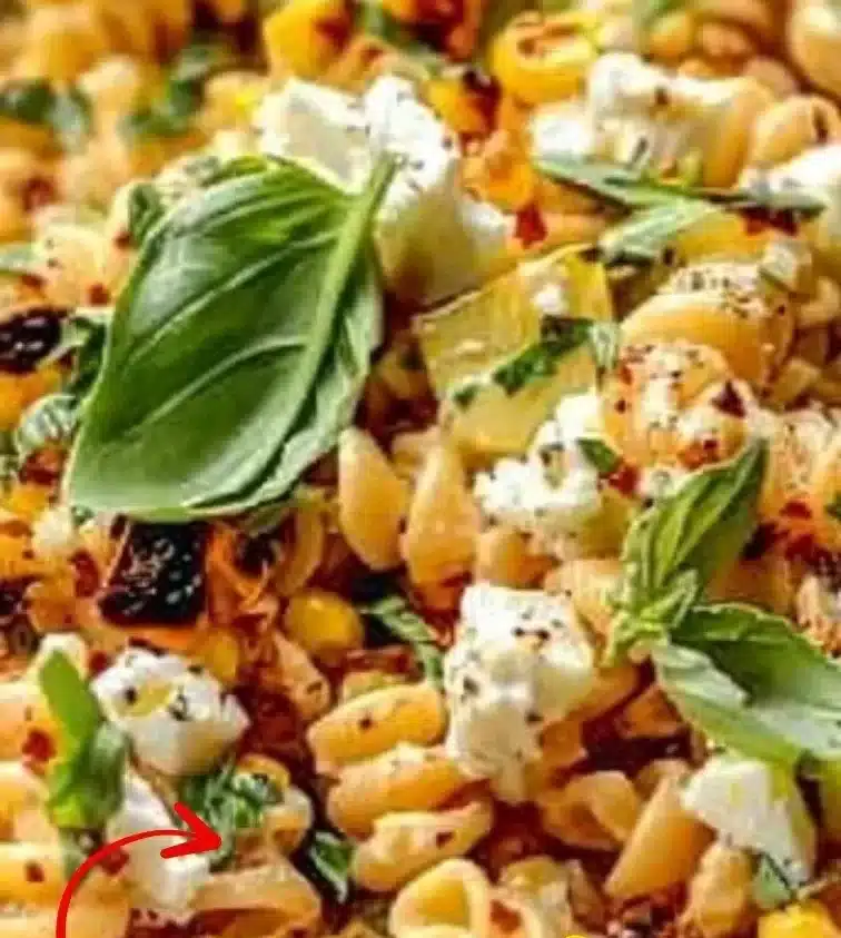 Delicious Juicy Street Corn Pasta Salad with fresh ingredients and vibrant colors.