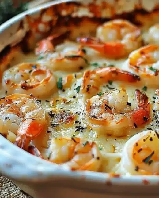 Keto Garlic Shrimp Au Gratin dish served in a ceramic baking dish with melted cheese