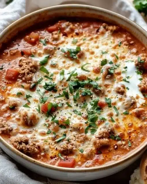 Delicious Keto Lasagna Soup served in a bowl, showcasing rich flavors and low-carb ingredients.