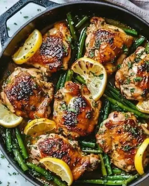 Lemon garlic butter chicken thighs served on a plate with garnishing.