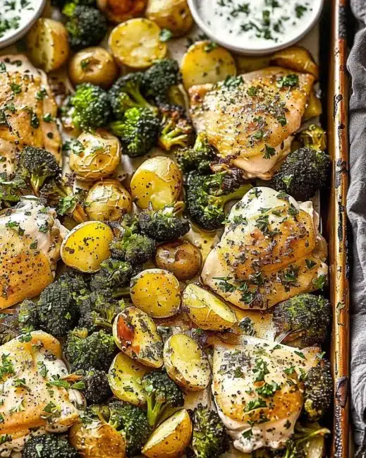 Lemon garlic chicken thighs with broccoli and potatoes on a plate