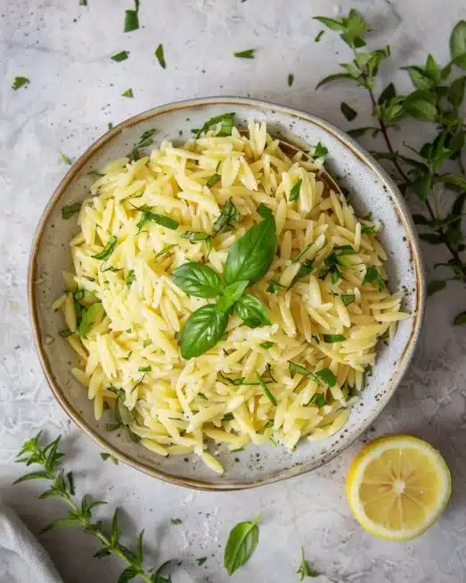 Delicious Lemon Orzo Pasta served with fresh herbs and lemon zest