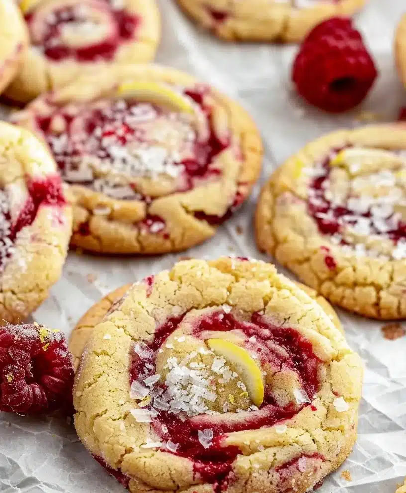 Delicious Lemon Raspberry Cookies arranged on a plate with fresh raspberries