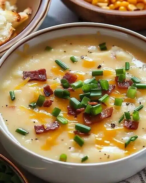 Bowl of loaded baked potato soup with cheese, bacon, and chives