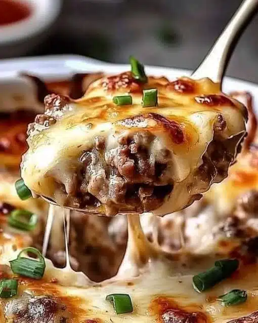 Low-Carb Philly Cheesesteak Casserole with savory beef and peppers