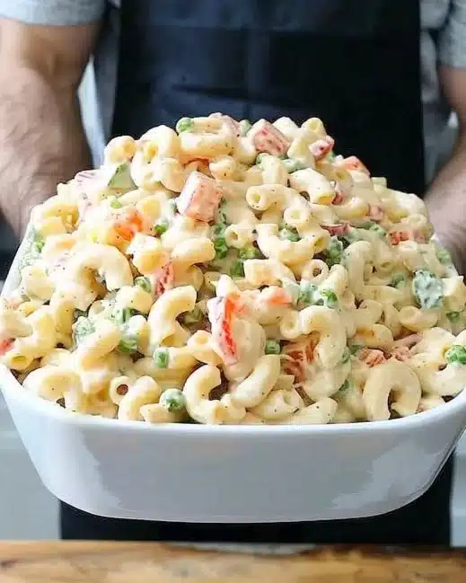 Delicious homemade macaroni salad served in a bowl with colorful vegetables.