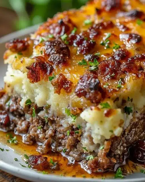 Delicious meatloaf served with creamy mashed potatoes and melted cheese.