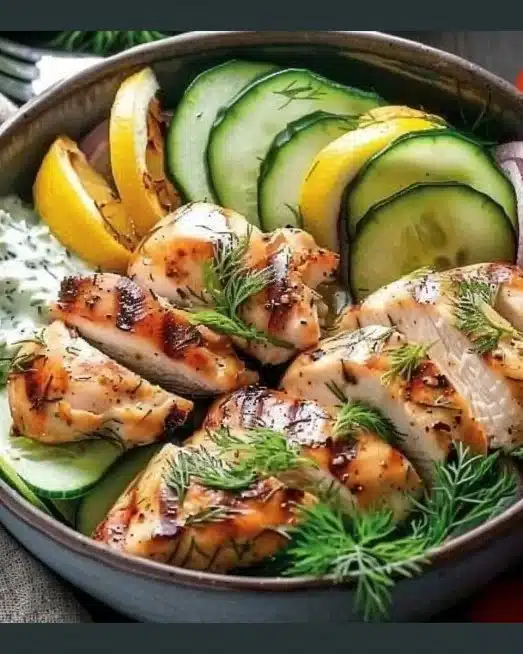 Mediterranean Lemon-Dill Chicken Bowls garnished with fresh herbs and vegetables