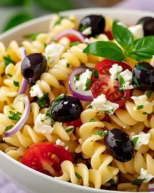 Bowl of colorful Mediterranean Pasta Salad with fresh vegetables and olives