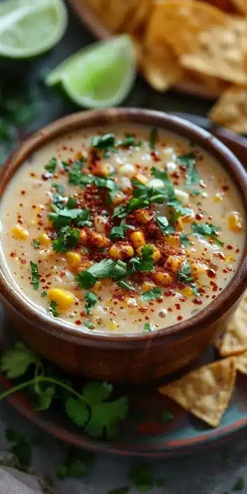 Bowl of creamy Mexican Street Corn Soup garnished with cilantro and lime.