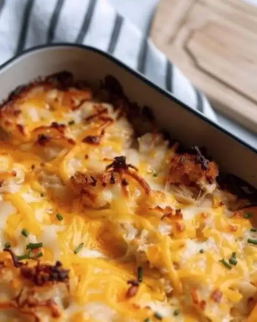 Delicious Million Dollar Chicken Casserole served in a baking dish