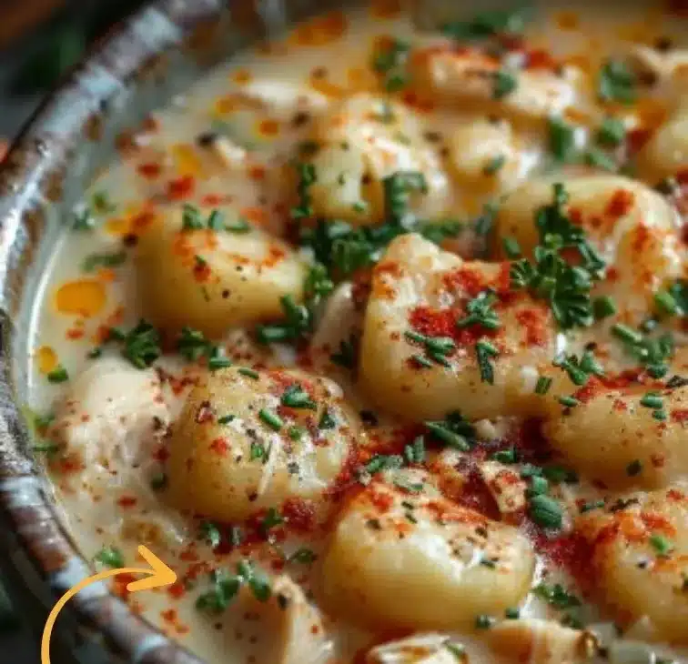 Bowl of Olive Garden Chicken Gnocchi Soup with chicken, gnocchi, and spinach