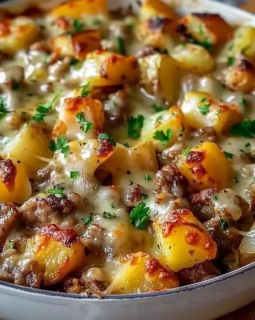 One-Pan Cheesy Meat & Potato Skillet with melted cheese and ground meat.