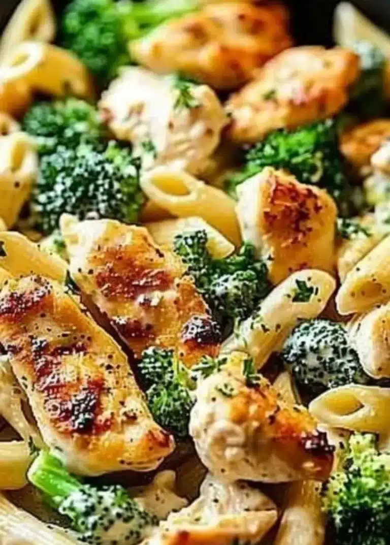 One-Pan Cheesy Ranch Chicken and Broccoli Pasta Skillet in a skillet