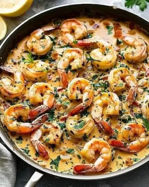 Delicious creamy garlic shrimp dish prepared in one pan