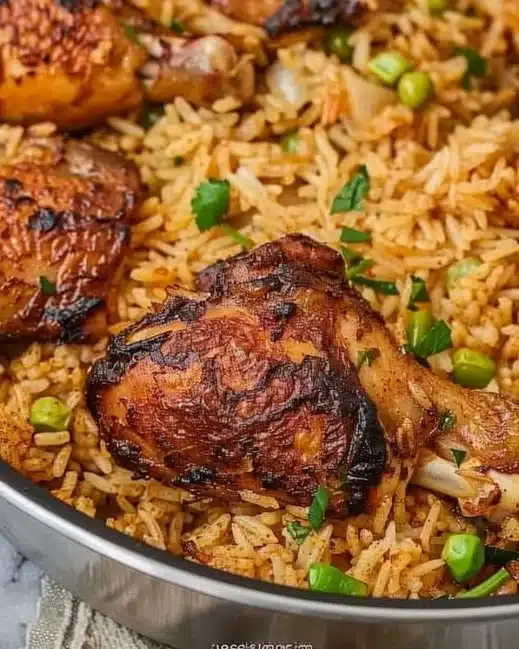 One Pot Chicken and Rice dish served in a bowl with herbs and spices