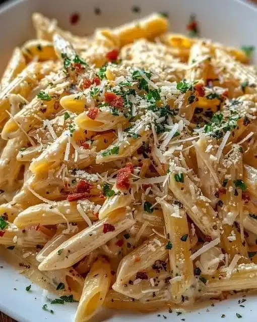 Delicious one pot creamy garlic pasta dish prepared with fresh ingredients