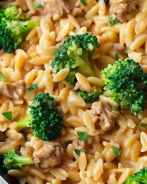 One-Pot Ground Turkey Orzo with vegetables in a serving dish