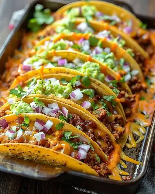 Baked cheesy tacos loaded with toppings, served on a plate
