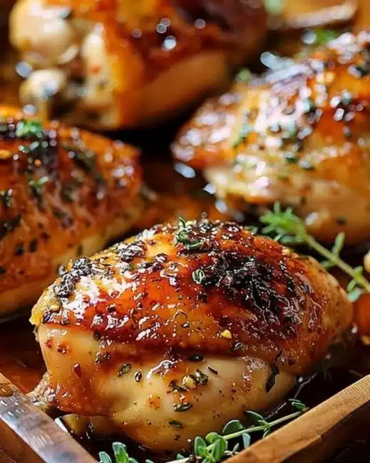Juicy oven-baked chicken thighs served with herbs and spices