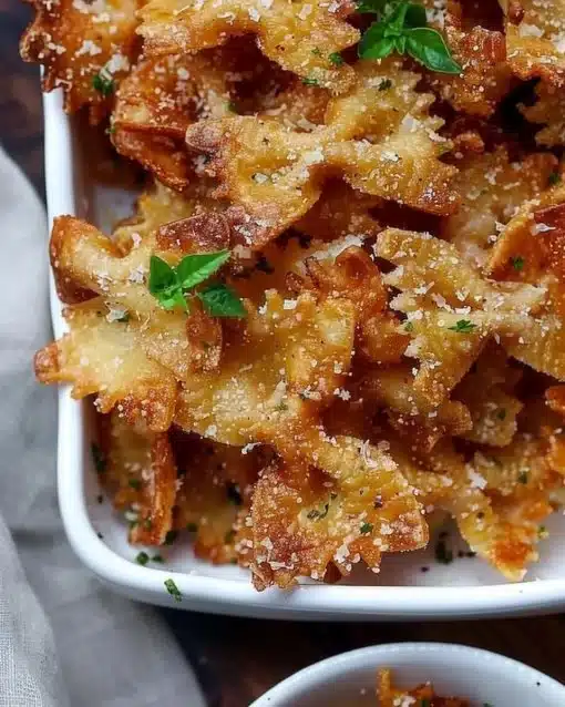 Crispy parmesan crusted pasta chips served in a bowl