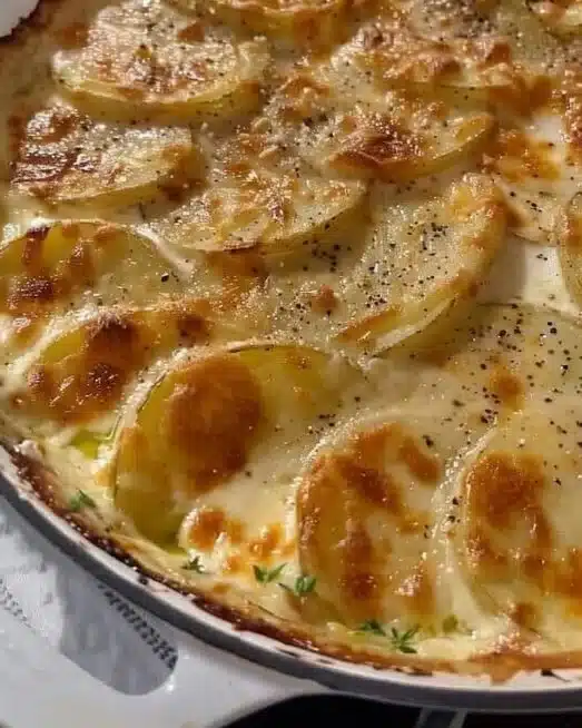 Delicious Parmesan Scalloped Potatoes baked to golden perfection