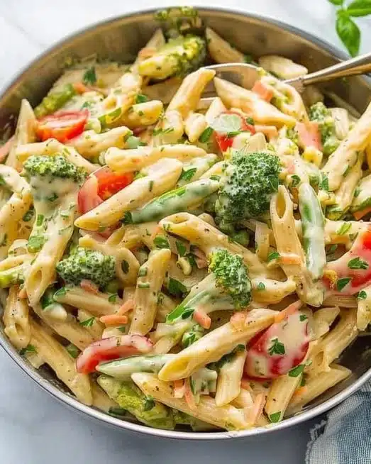 A colorful bowl of Pasta Primavera with fresh vegetables and herbs.