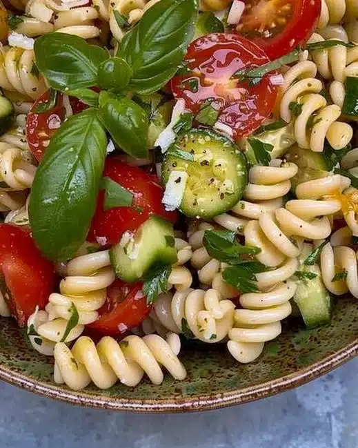 Colorful pasta salad with vegetables and dressing in a bowl