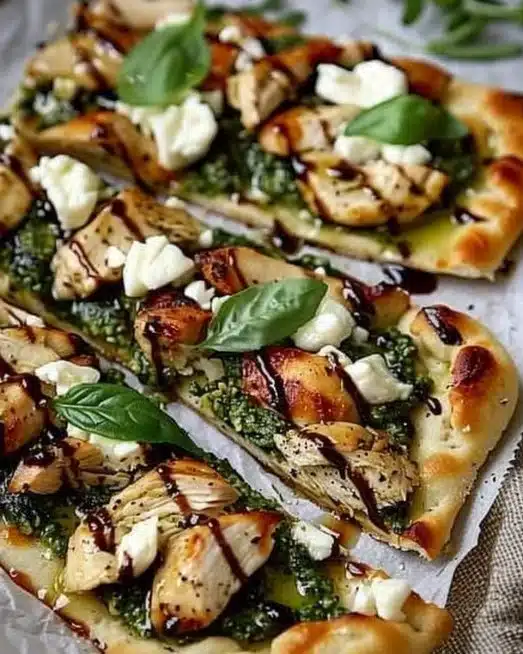 Pesto Chicken Flatbread topped with fresh ingredients and vibrant flavors