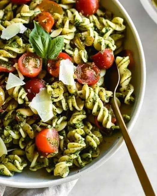 Colorful pesto pasta salad with fresh vegetables and herbs