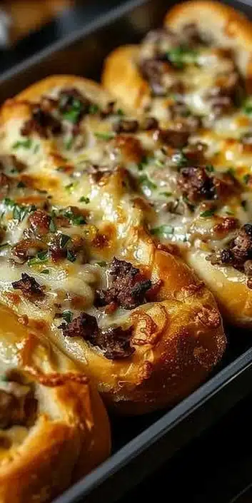 Delicious Philly Cheesesteak Garlic Bread topped with melted cheese and peppers.