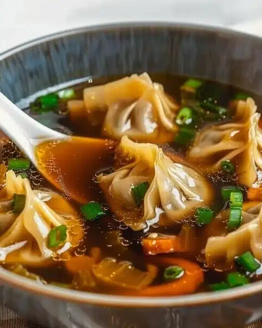 Bowl of homemade Potsticker Soup with dumplings and green onions