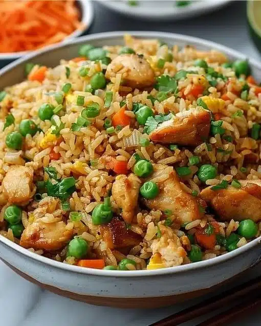 Delicious protein-packed chicken fried rice with colorful vegetables and herbs