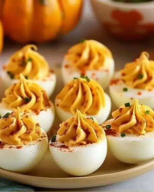 Pumpkin Patch Deviled Eggs garnished with herbs for a festive touch
