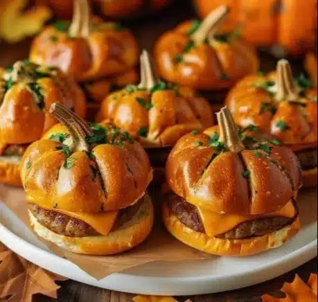 Pumpkin-shaped sliders served on a platter for a fall party