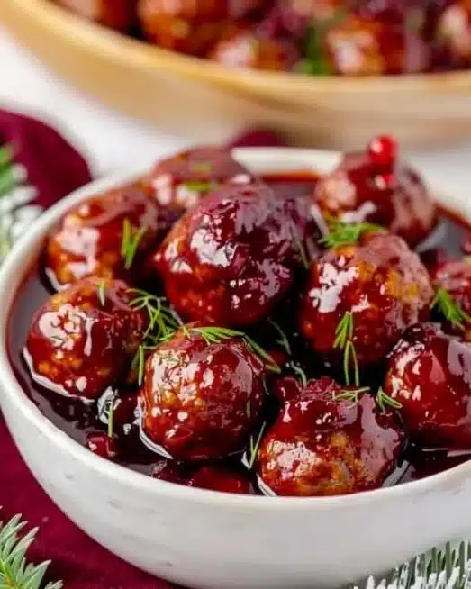 Quick cranberry meatballs served on a festive platter for Christmas dinner.