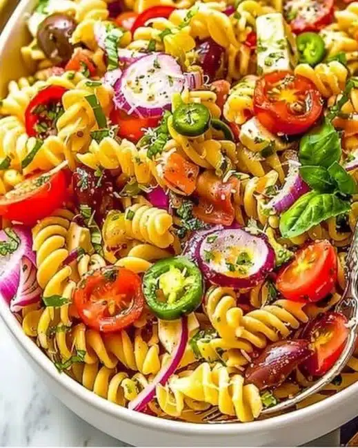 Delicious Quick Italian Pasta Salad with colorful vegetables and a secret ingredient